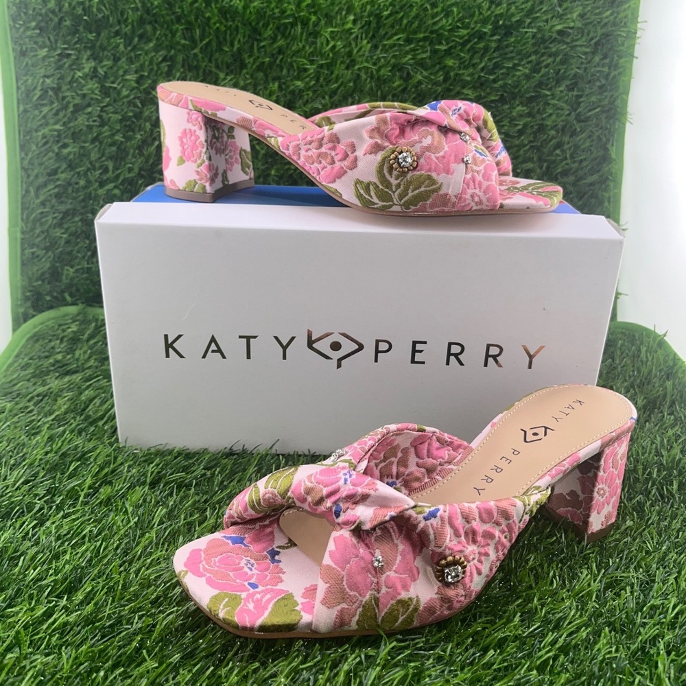 Katy Perry Pink Floral Square Toe Heeled Mules Women's Size 7M Brunch Wedding - Picture 12 of 13